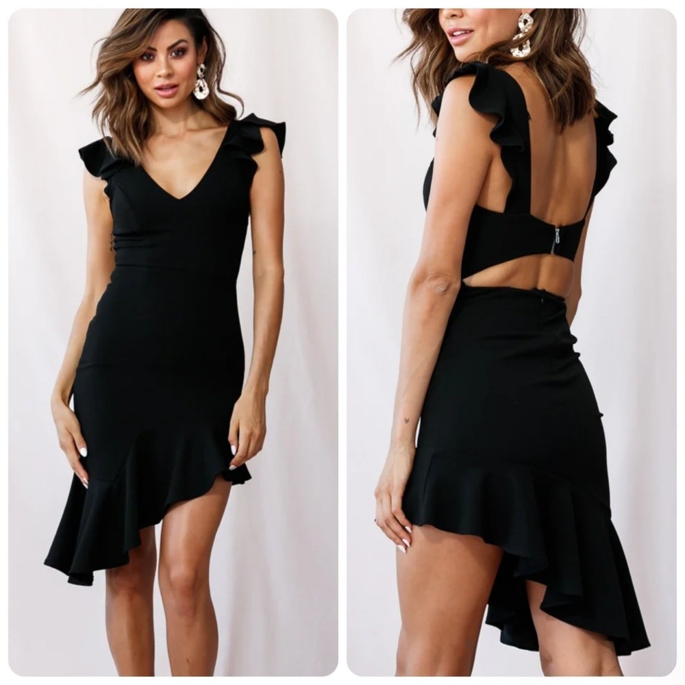 NWT Selfie Leslie Asymmetrical Ruffled Hem Dress Size M Black V Neck Open Back